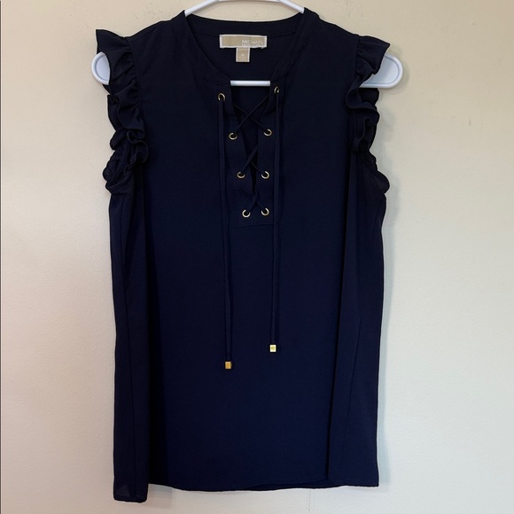 Michael Kors Navy Lace-Up Ruffle Blouse - Picture 1 of 4